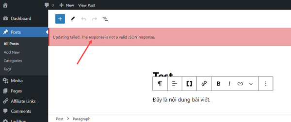 Lỗi “Updating failed. The response is not a valid JSON response”